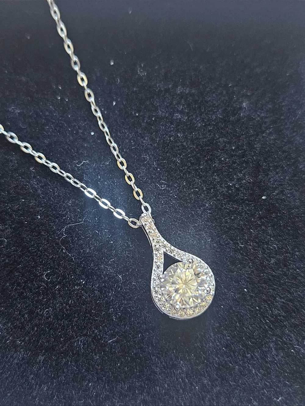 Moissanite Teardrop Halo Pendant Silver Chain Necklace